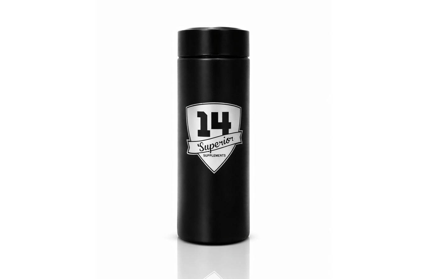 Superior 14 supplements black bottle container white background glossy reflection