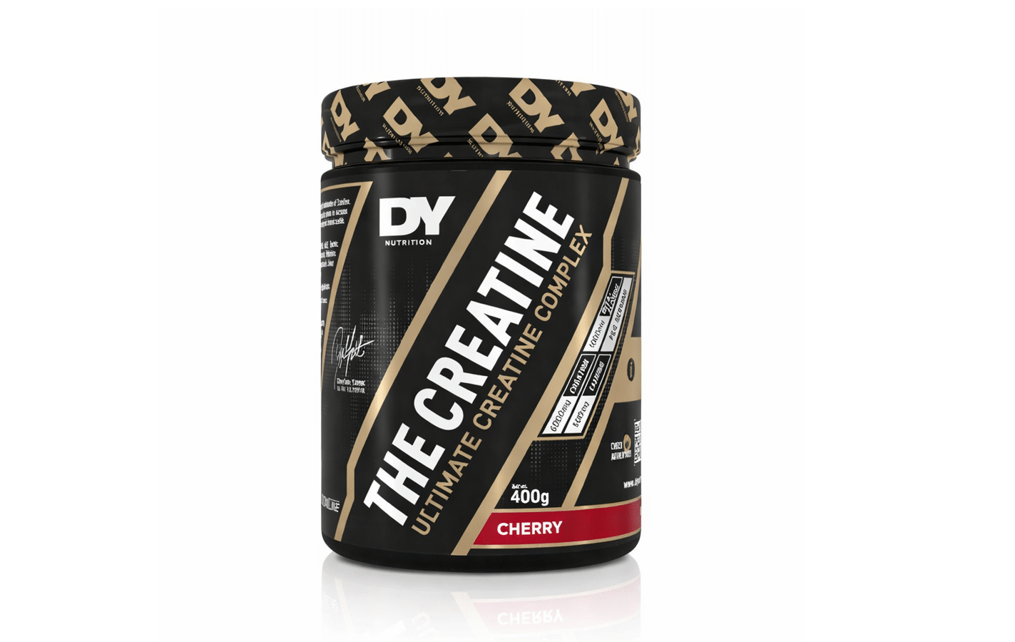 DY CREATINE Monohydrate 400gr flavoured creatine powder supplement white background glossy reflection