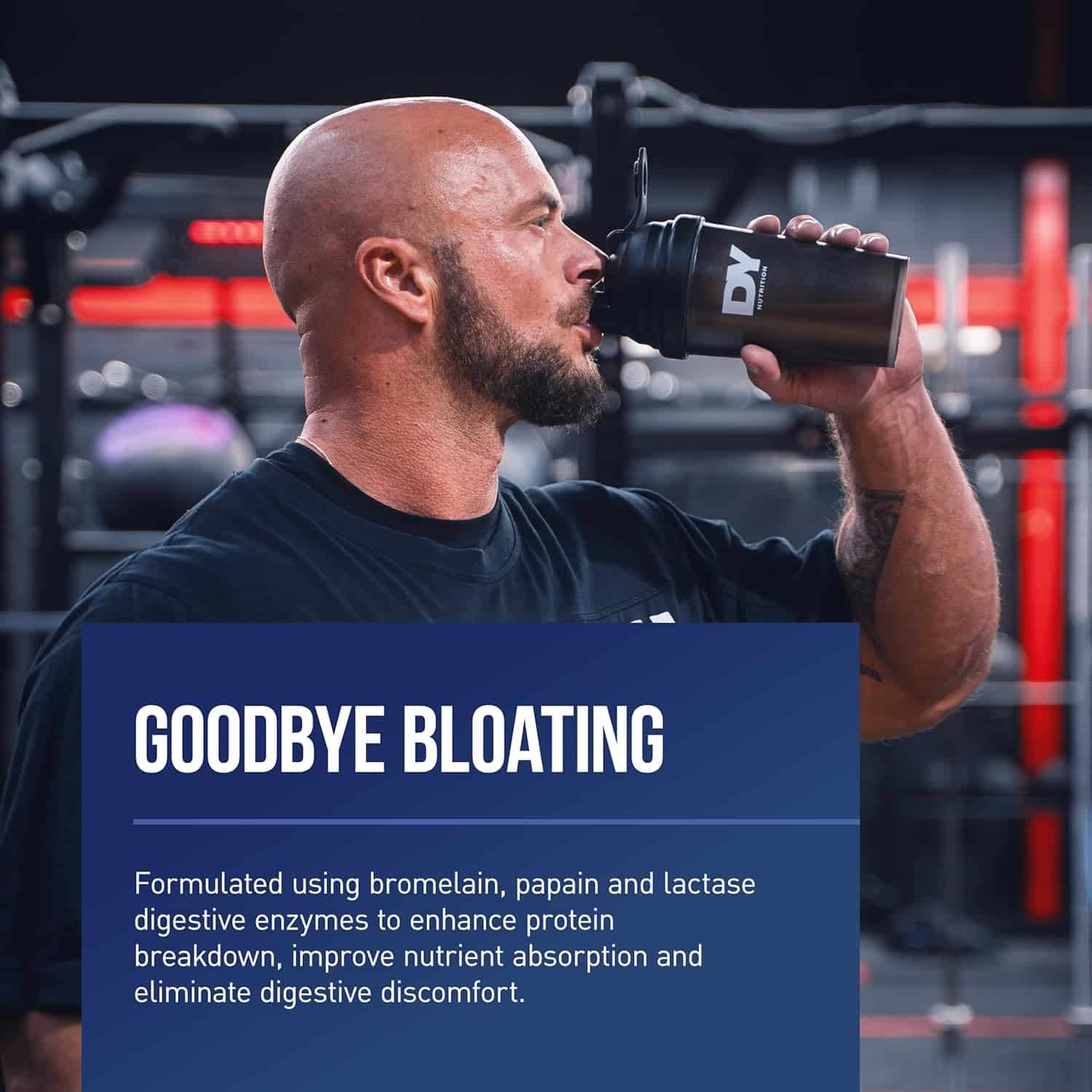 81Kd5NDKnaL._AC_SL1500_ Man drinking protein shake wearing DY Nutrition shirt – Goodbye Bloating message