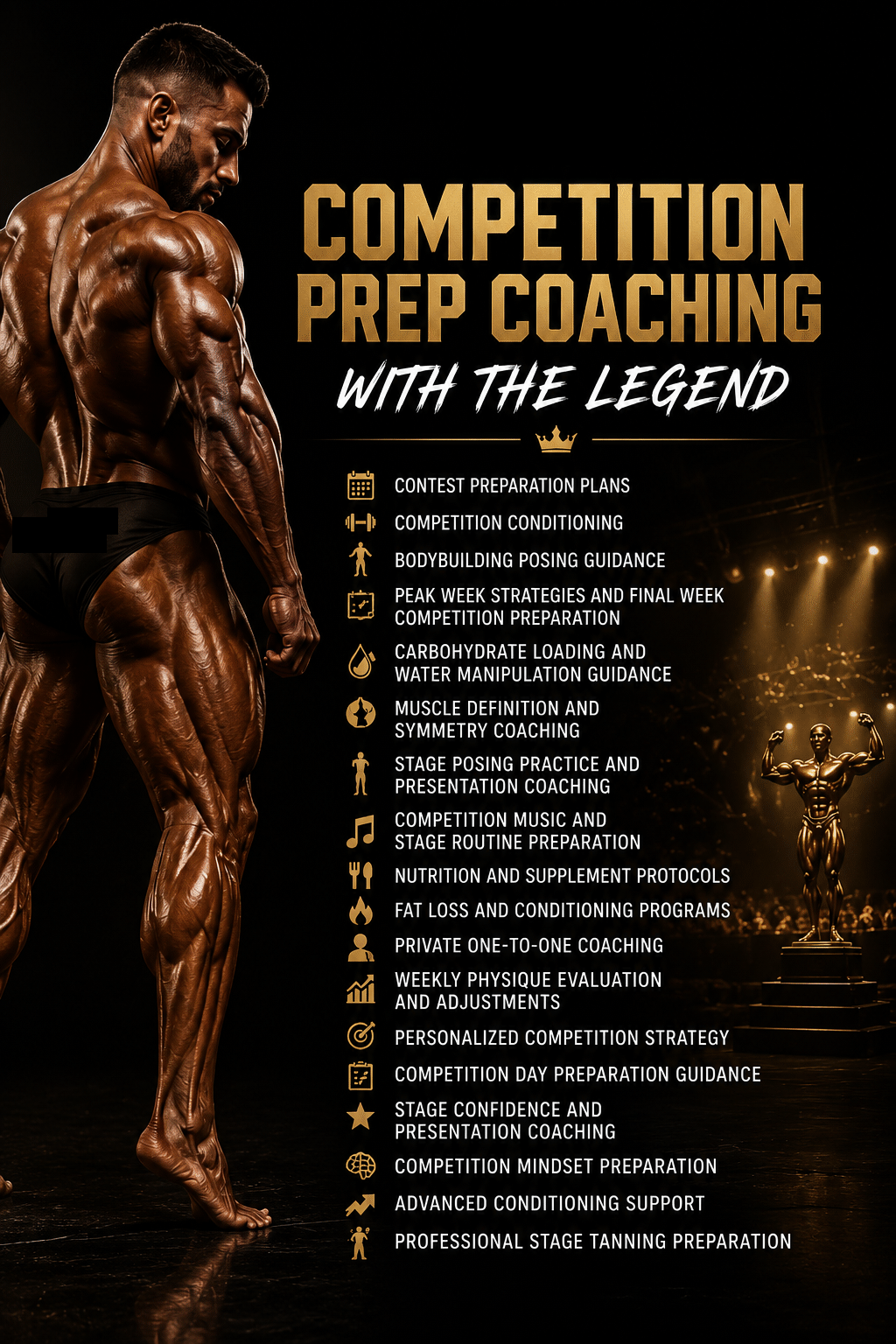 Competition Prep Coaching With The Legend – PRIME Personal Training Studio Limassol professional bodybuilding contest preparation with posing coaching, peak week strategies, conditioning support and private competition prep guidance.