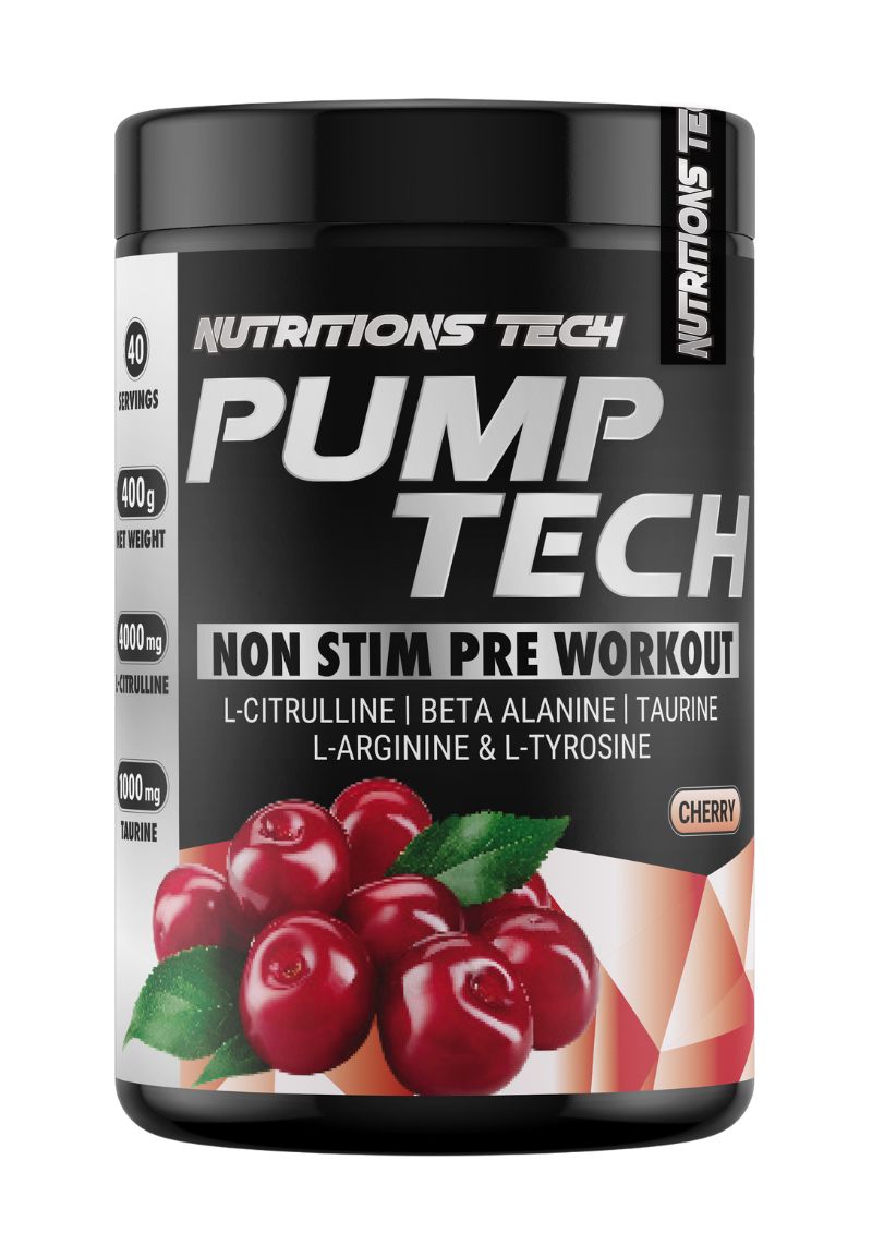 pump-tech-cherry PUMP TECH NO STIM Pre-Workout 400g caffeine-free pump formula