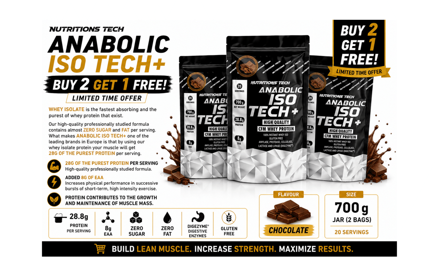 BUY 2 GET 1 FREE ANABOLIC ISO TECH Chocolate 700g Whey Isolate Bundle Cyprus