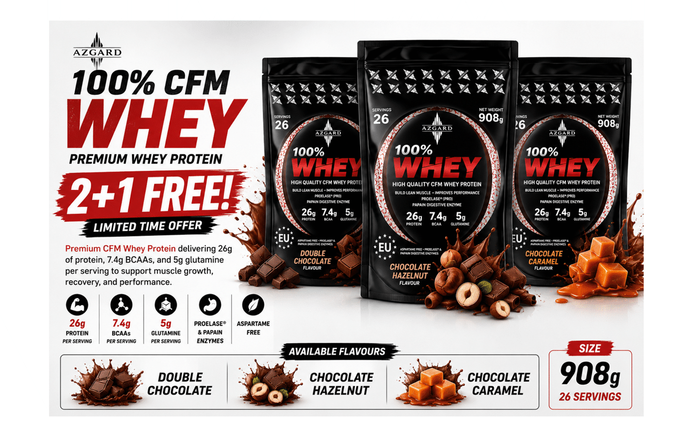 BUY 2 GET 1 FREE AZGARD 100% CFM Whey Protein 908g Chocolate Lovers bundle from VIP Supplements Cyprus
