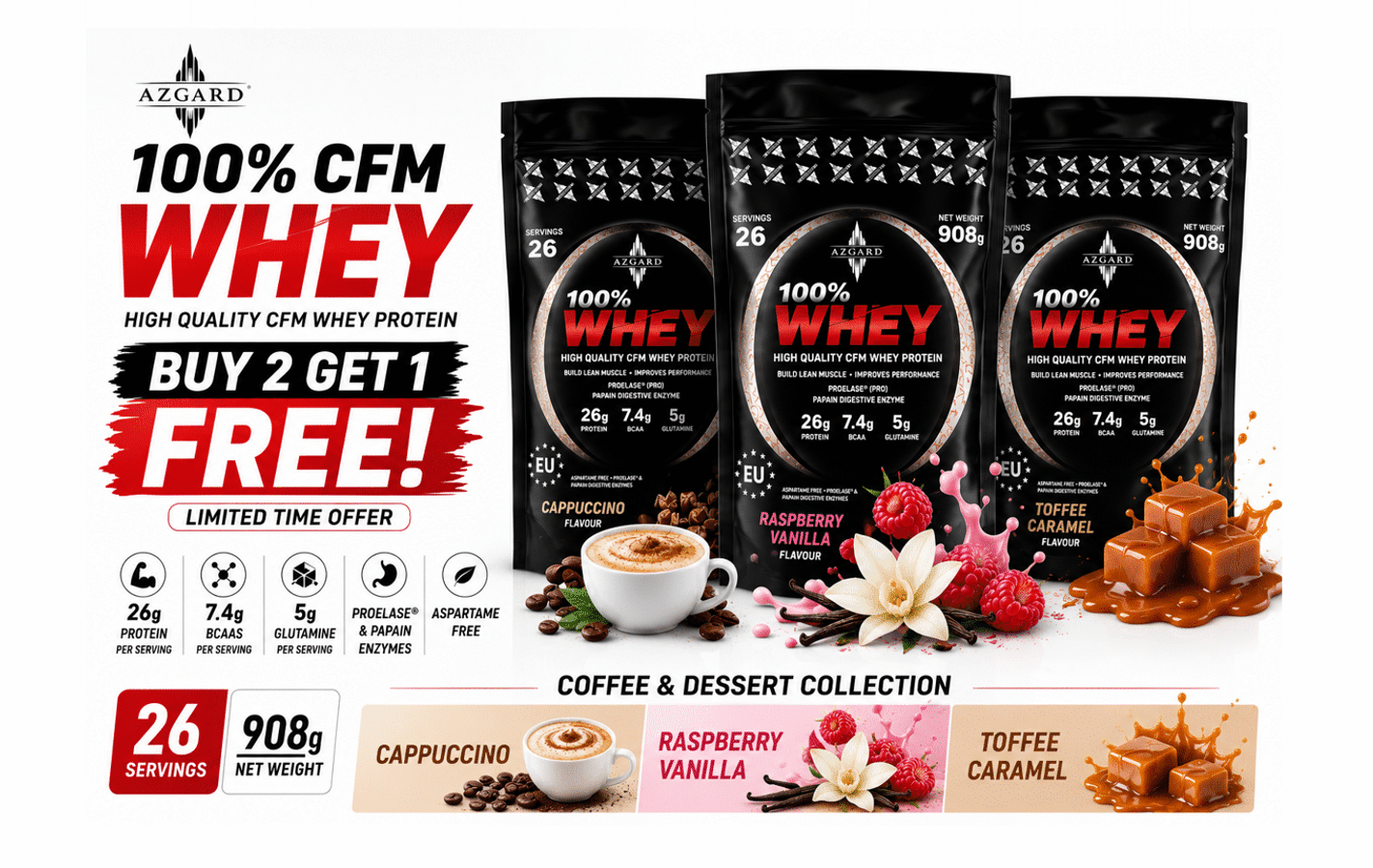 BUY 2 GET 1 FREE AZGARD 100% CFM Whey 908g Coffee & Dessert Collection from VIP Supplements Cyprus
