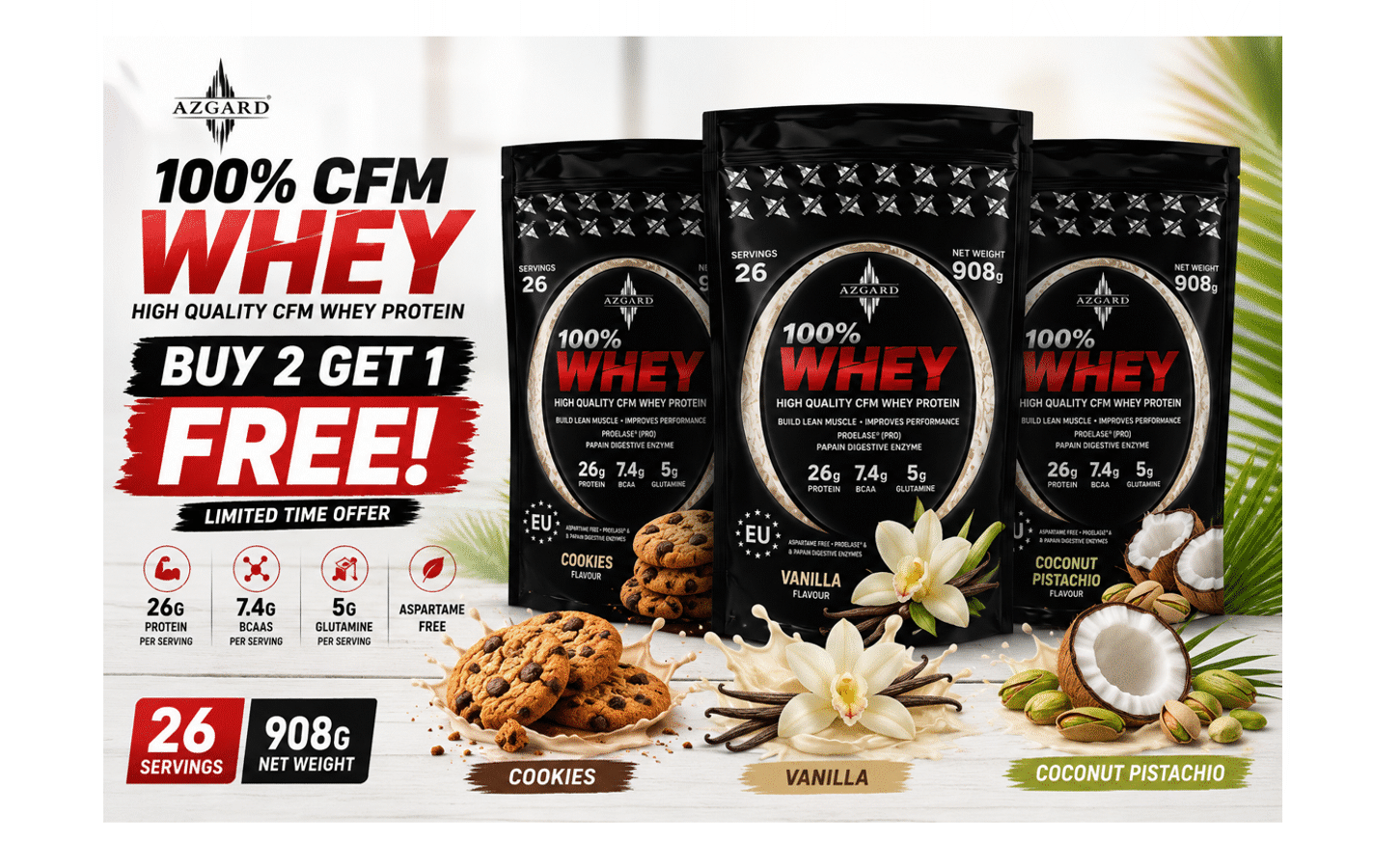 BUY 2 GET 1 FREE AZGARD 100% CFM Whey 908g Creamy Delights bundle from VIP Supplements Cyprus