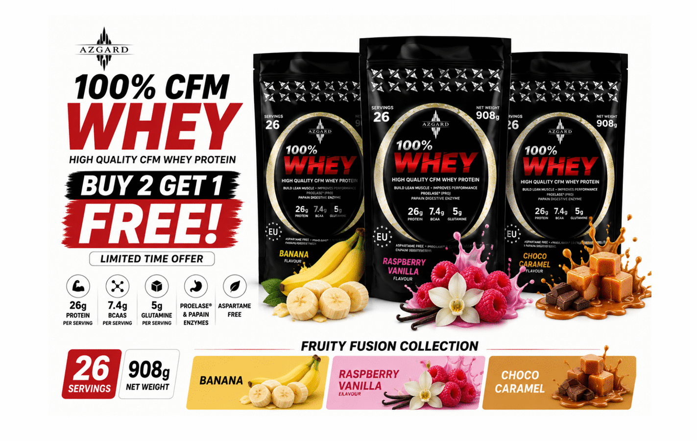 BUY 2 GET 1 FREE AZGARD 100% CFM Whey Protein 908g Fruity Fusion Bundle Cyprus