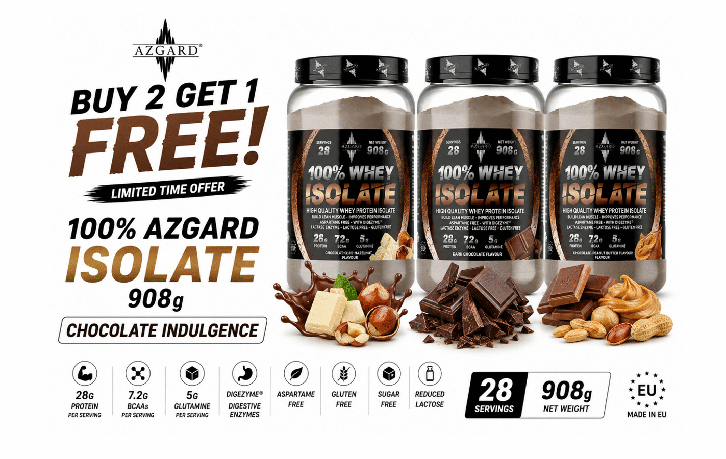 BUY 2 GET 1 FREE AZGARD 100% Isolate 908g Chocolate Indulgence Bundle Cyprus