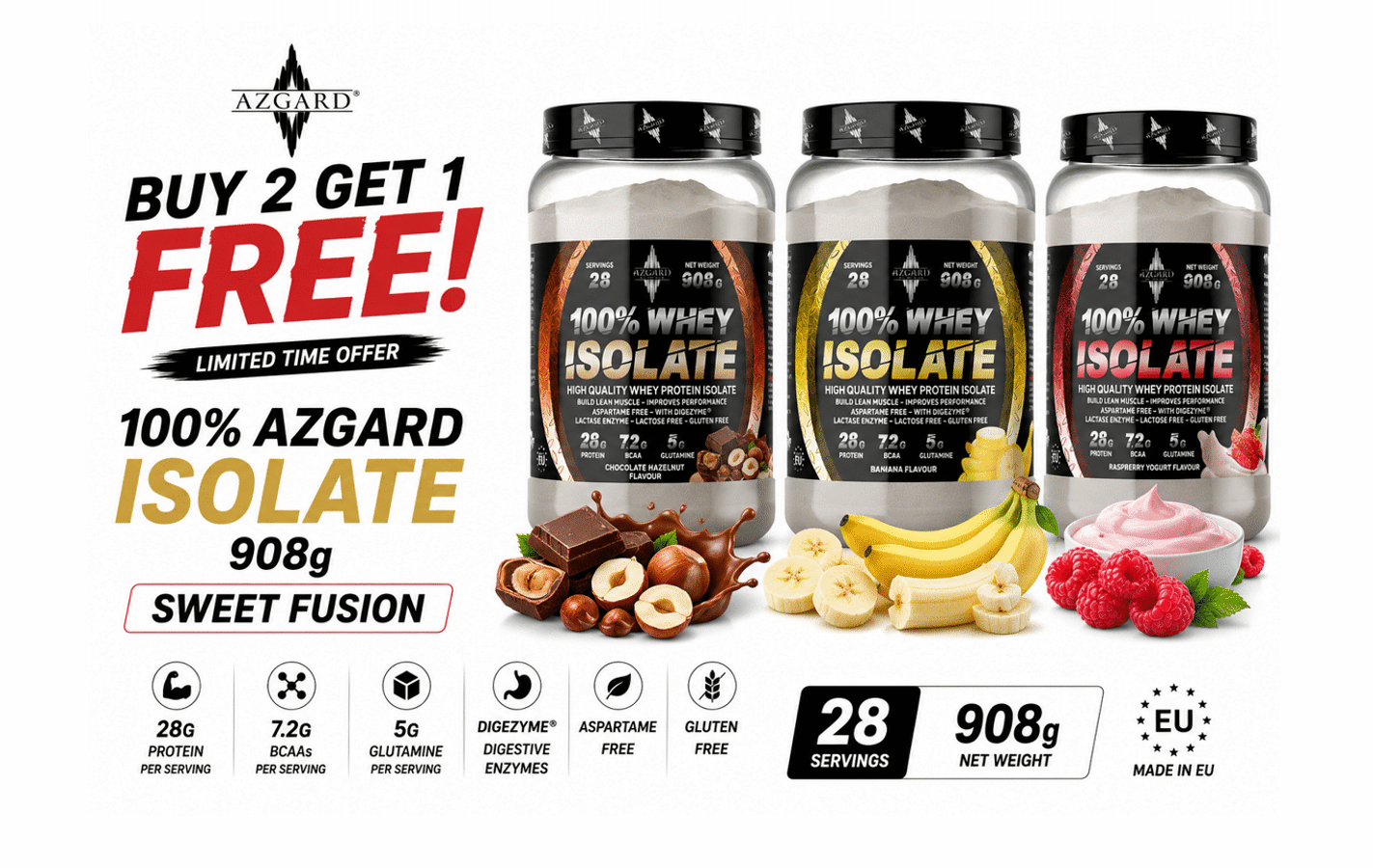 BUY 2 GET 1 FREE AZGARD 100% Isolate 908g Sweet Fusion Bundle Cyprus