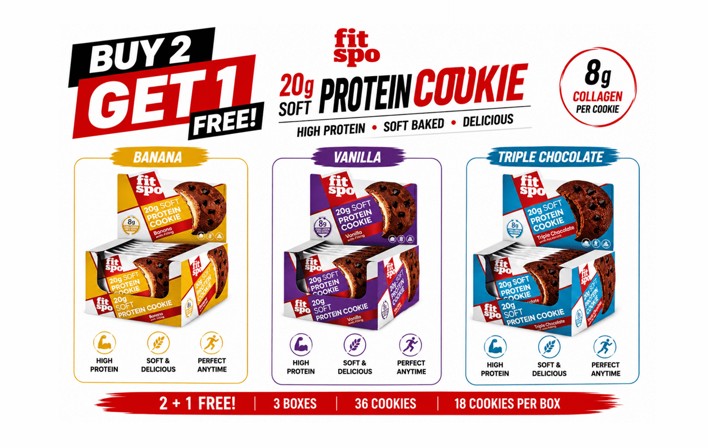 BUY 2 GET 1 FREE FITSPO PROTEIN COOKIE 10 × 70g Banana Vanilla Triple Chocolate | VIP Supplements Cyprus