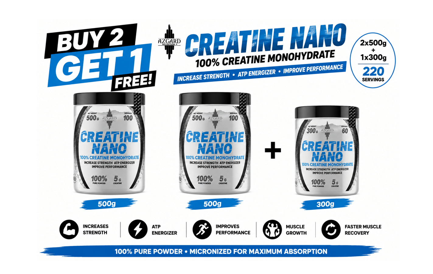 BUY 2 GET 1 FREE AZGARD Creatine Nano Powder 2 × 500g + 1 × 300g Unflavoured | VIP Supplements Cyprus