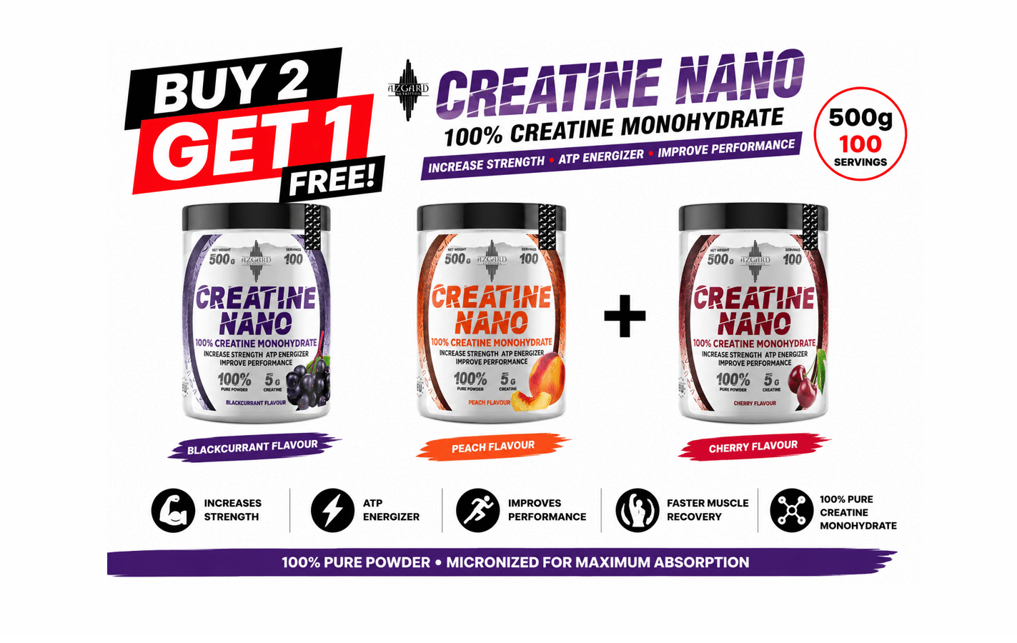 BUY 2 GET 1 FREE AZGARD Creatine Nano Monohydrate Flavored 500g Blackcurrant Peach Cherry | VIP Supplements Cyprus