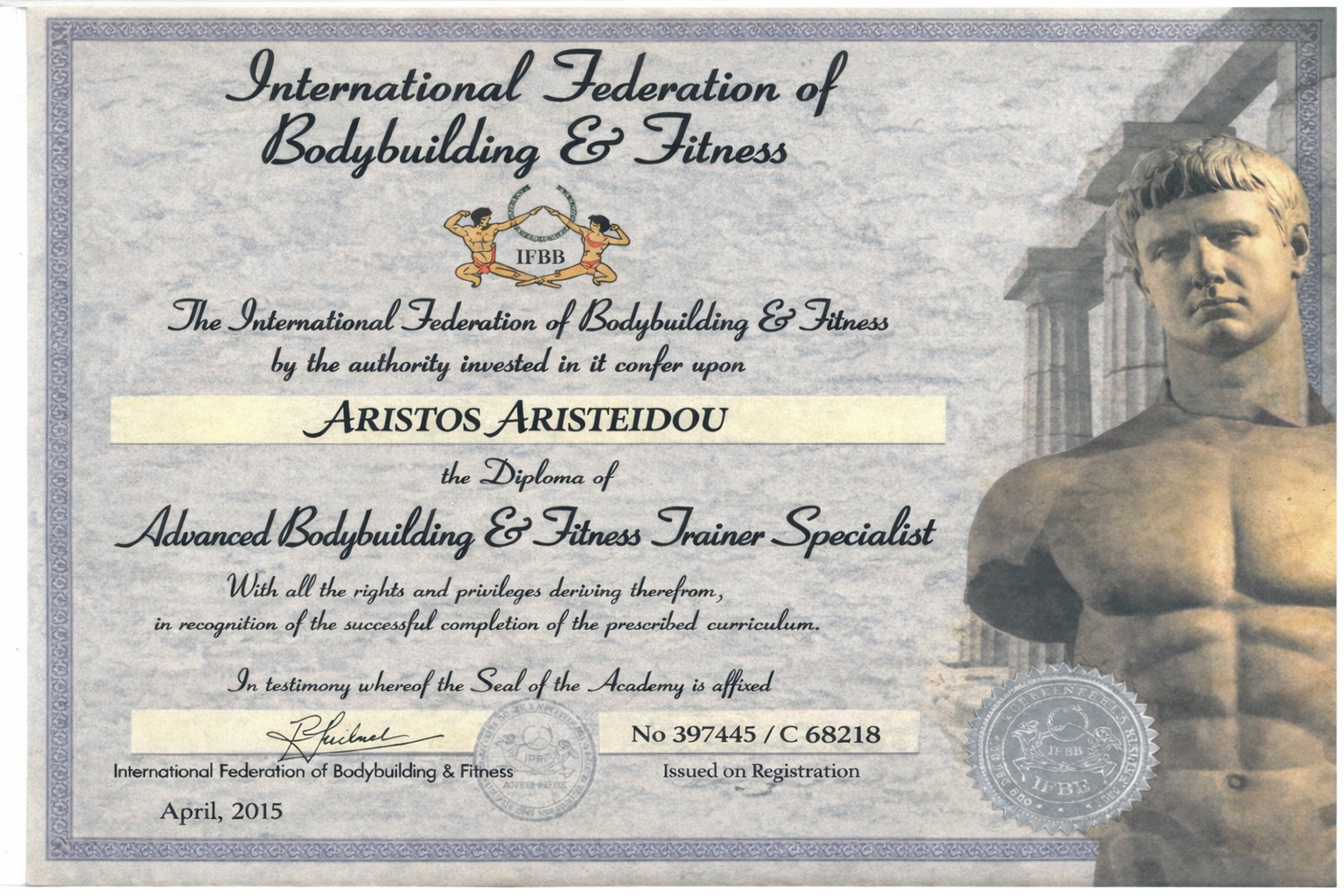 IFBB certificate for Aristos Aristeidou