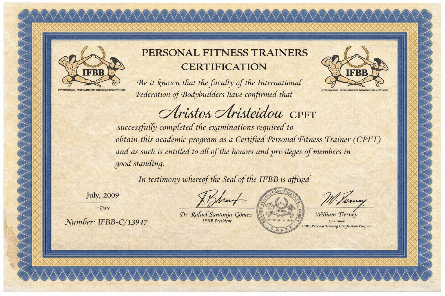 IFBB certification for Aristos Aristeidou