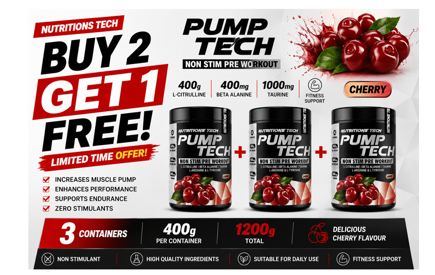 BUY 2 GET 1 FREE ANABOLIC PUMP TECH Cherry 400g Stimulant-Free Pre-Workout | VIP Supplements Cyprus
