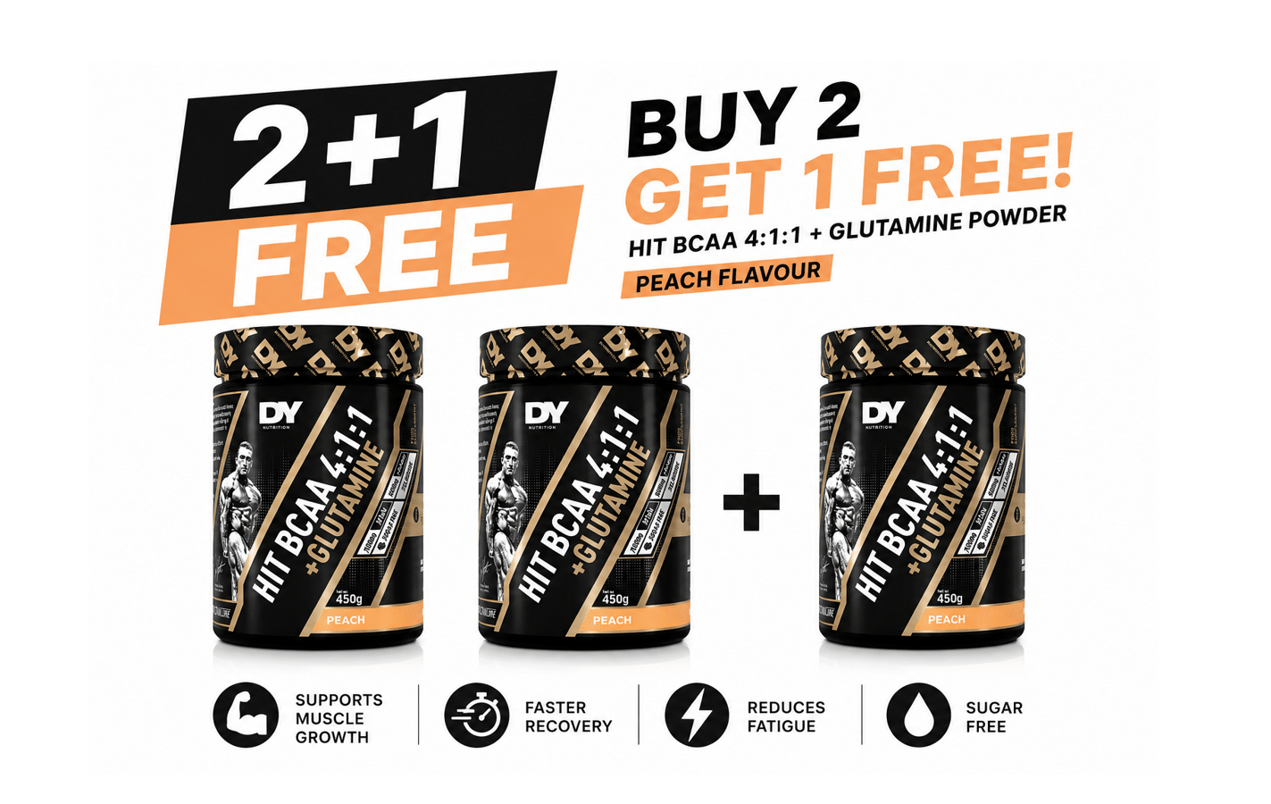BUY 2 GET 1 FREE HIT BCAA 4:1:1 + Glutamine 450g Peach | VIP Supplements Cyprus