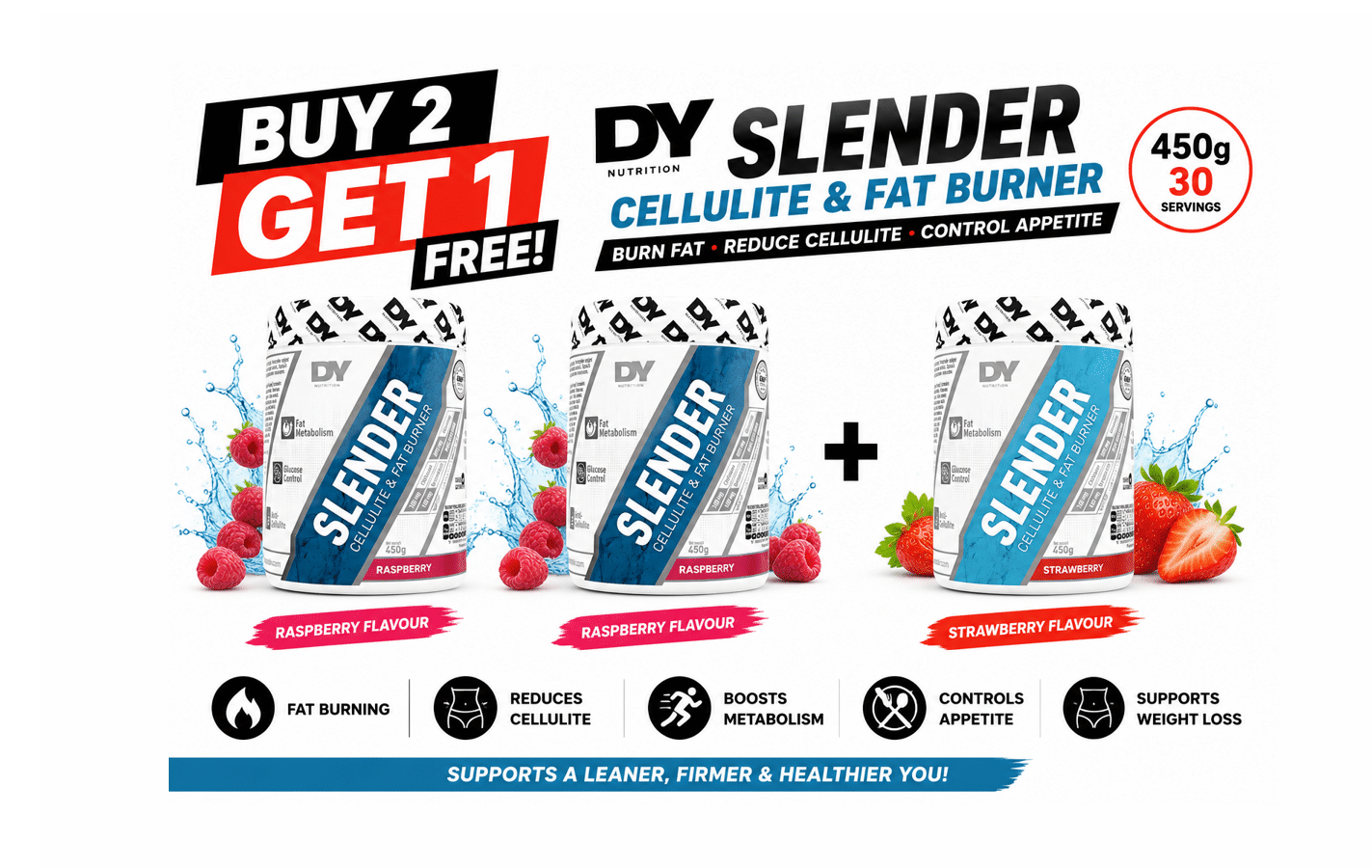 BUY 2 GET 1 FREE SLENDER FAT BURNER 450g Raspberry + Strawberry | VIP Supplements Cyprus
