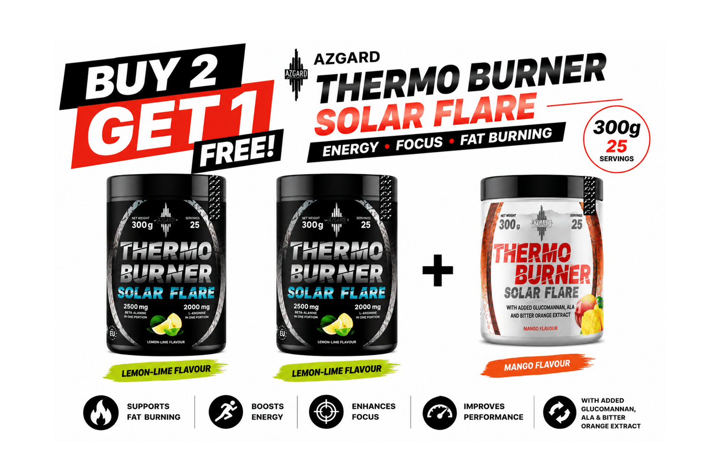 BUY 2 GET 1 FREE AZGARD Thermo Burner Solar Flare 300g Lemon-Lime Mango | VIP Supplements Cyprus