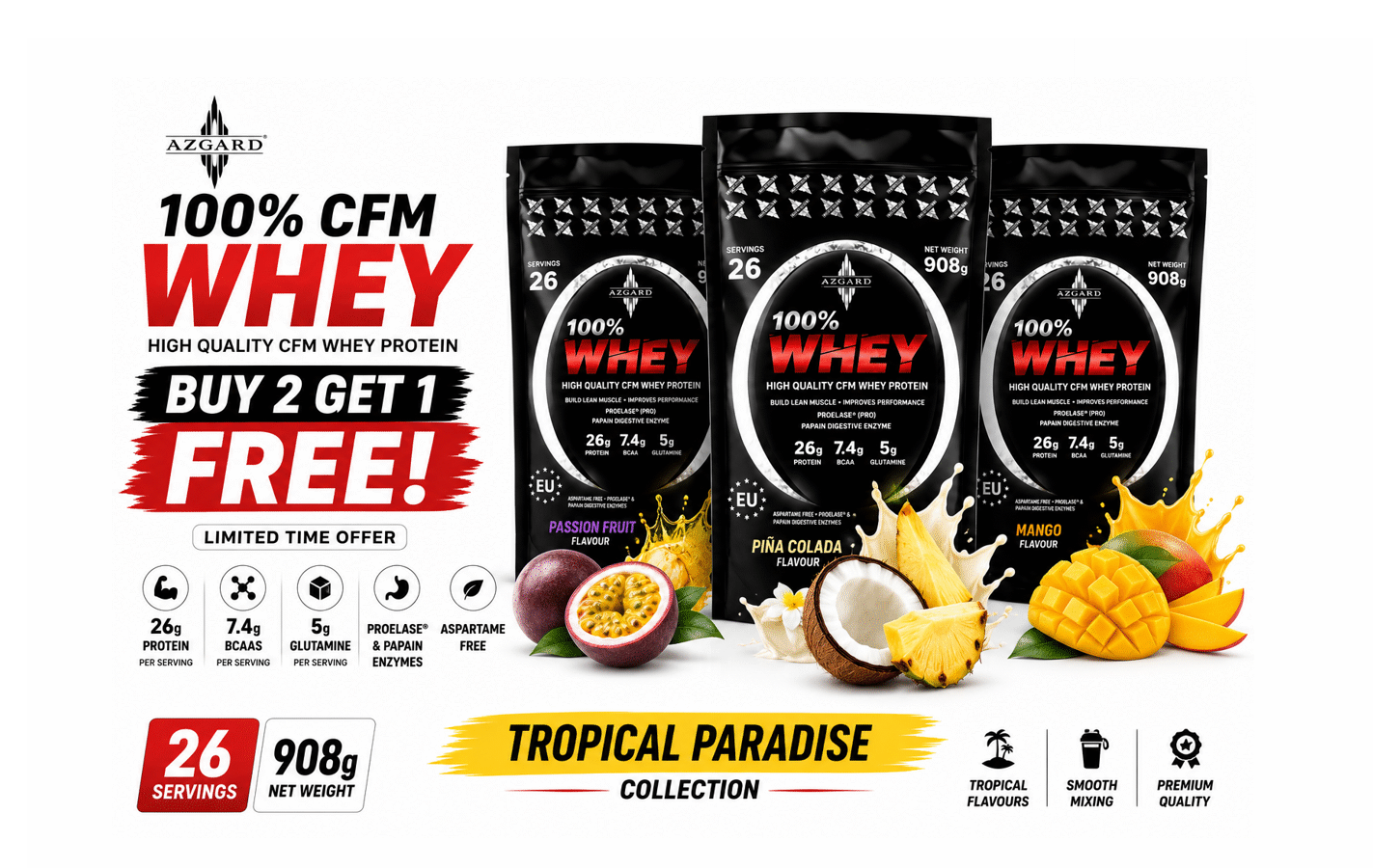 BUY 2 GET 1 FREE AZGARD 100% CFM Whey Protein 908g Tropical Paradise Bundle Cyprus