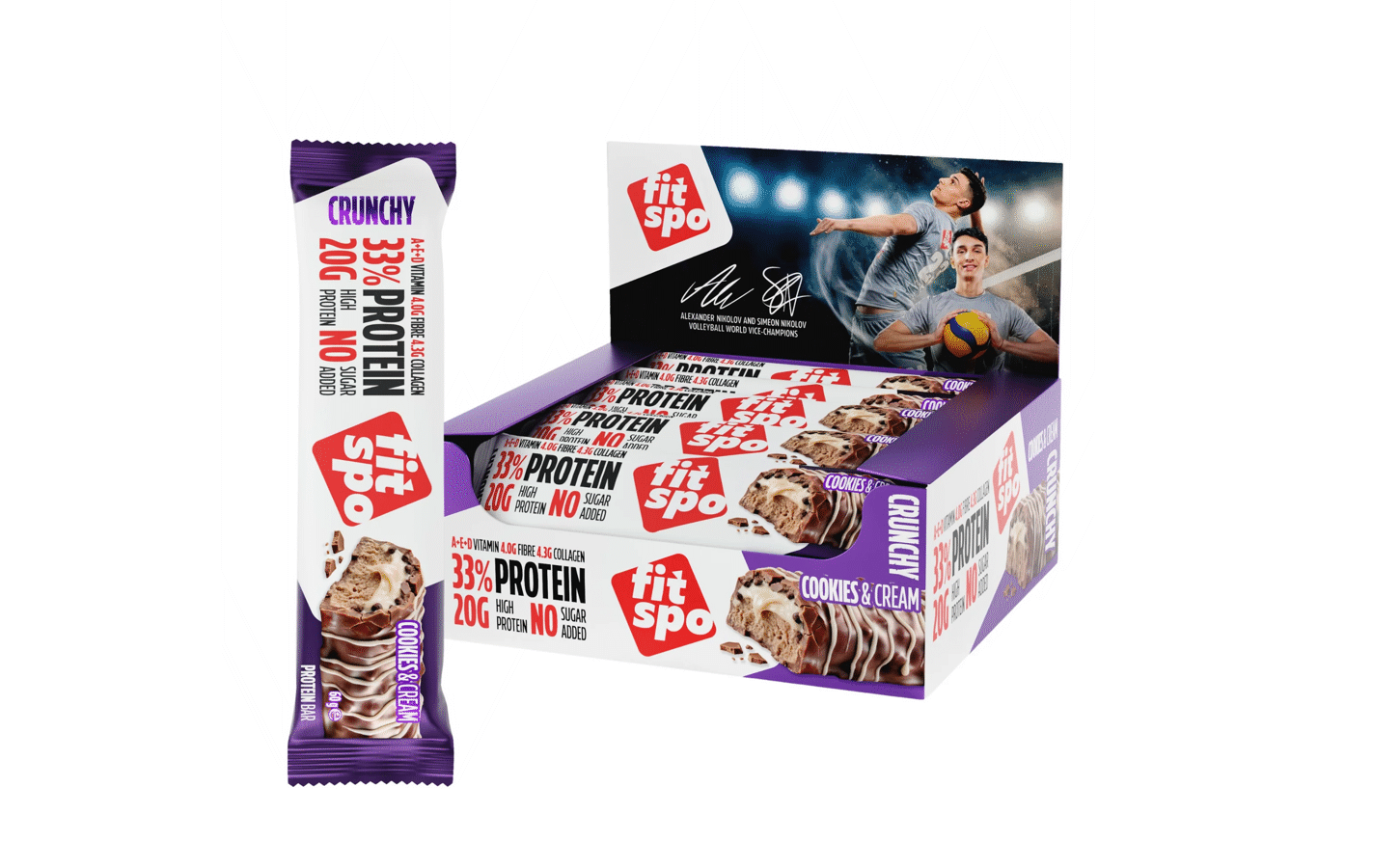 FitSpo CRUNCHY Protein Bar Cookies & Cream 12 x 60g