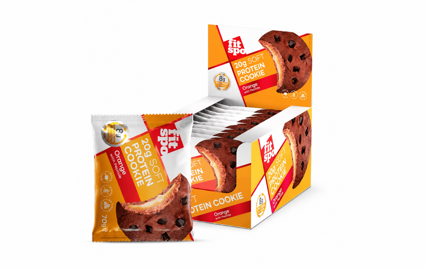 FitSpo Orange Protein Cookie 10 x 70g display box and individual cookie