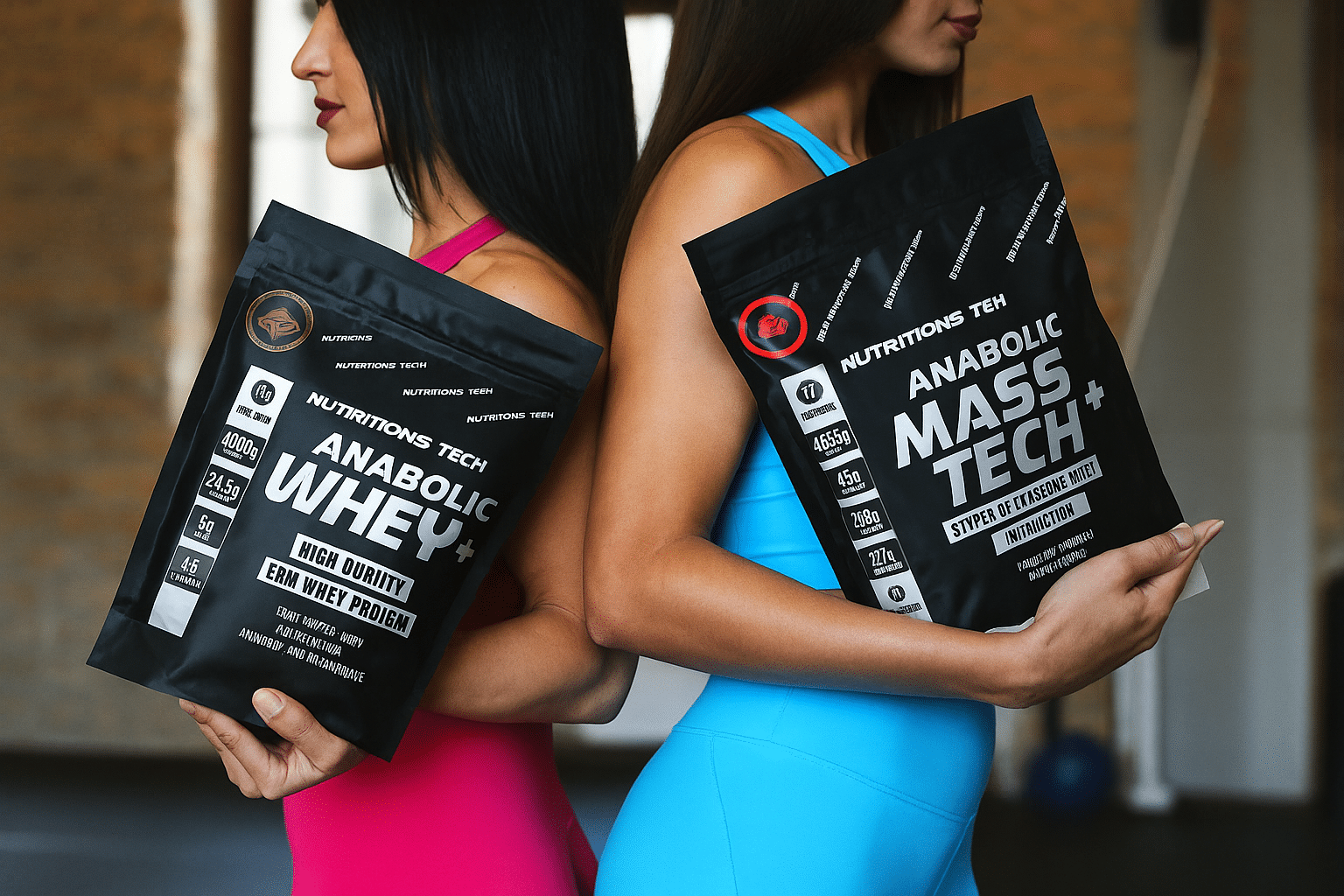Two women holding sports nutrition supplements